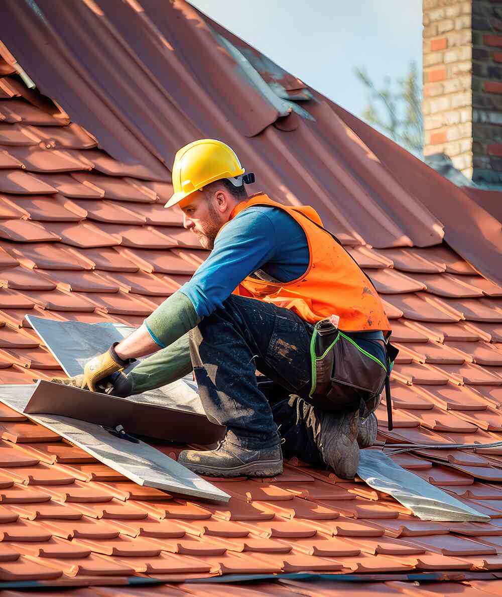 Construction worker wearing a yellow helmet and orange safety vest installing metal flashing on a tiled roof.