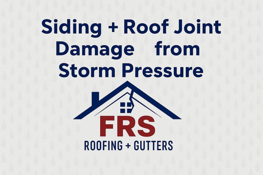 Close-up of siding and roof joint showing damage caused by storm pressure, including cracked siding and warped roof edges.